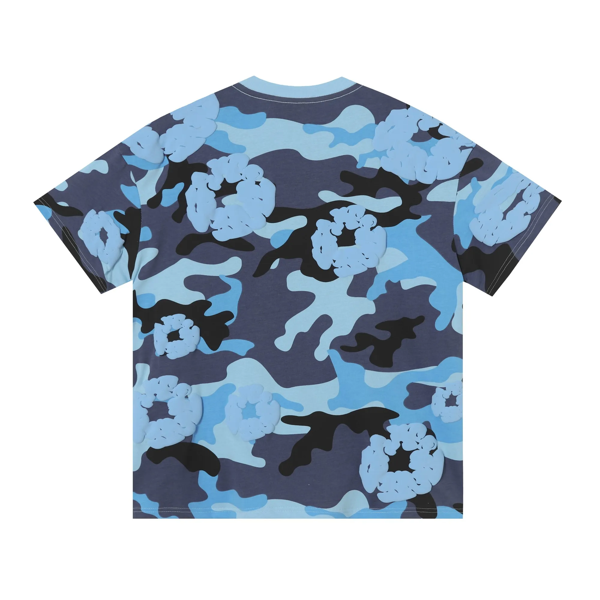 208# DENIM TEARS Kapok European and American trendy brand high quality foam flocking camouflage printed short-sleeved suit Color Camouflage blue Camouflage powder Camouflage gray Camouflage apricot Camouflage green Size S-XL